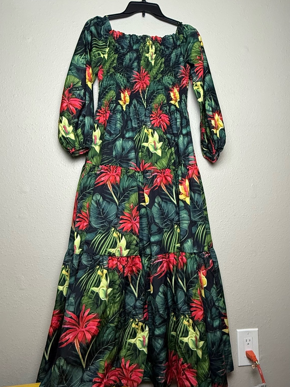 Off-Shoulder Tropical Floral Maxi Dress in Green and Red